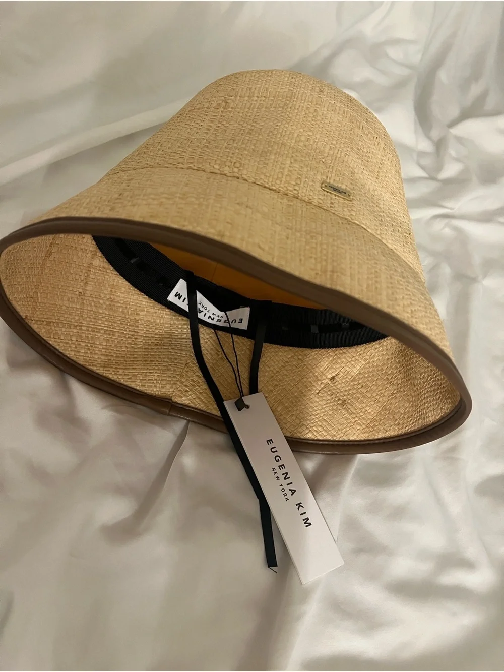 EUGENIA KIM | Natural Raffua Bucket Hat with Vegan Leather Binding at Brim Edge
